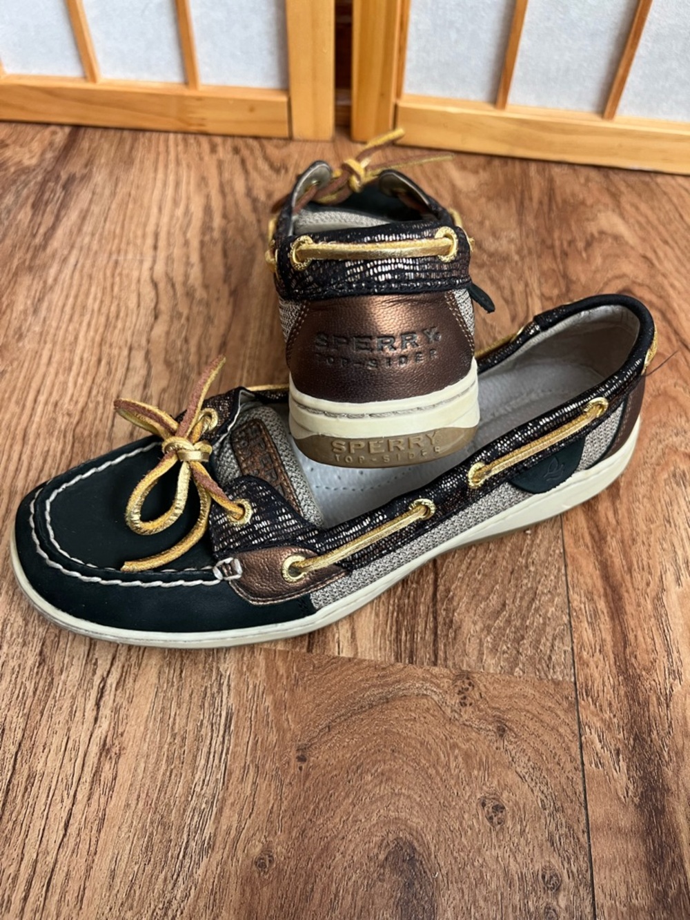 Sperry TopSider Boat Shoes Women 7.5M Black Brown Metallic Leather Lace Up Flats - Picture 13 of 13